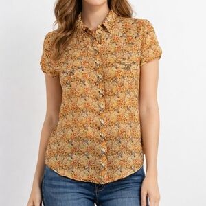 GIRL KRAZY Yellow Floral Lightweight Snap Button Short Sleeve Western Shirt